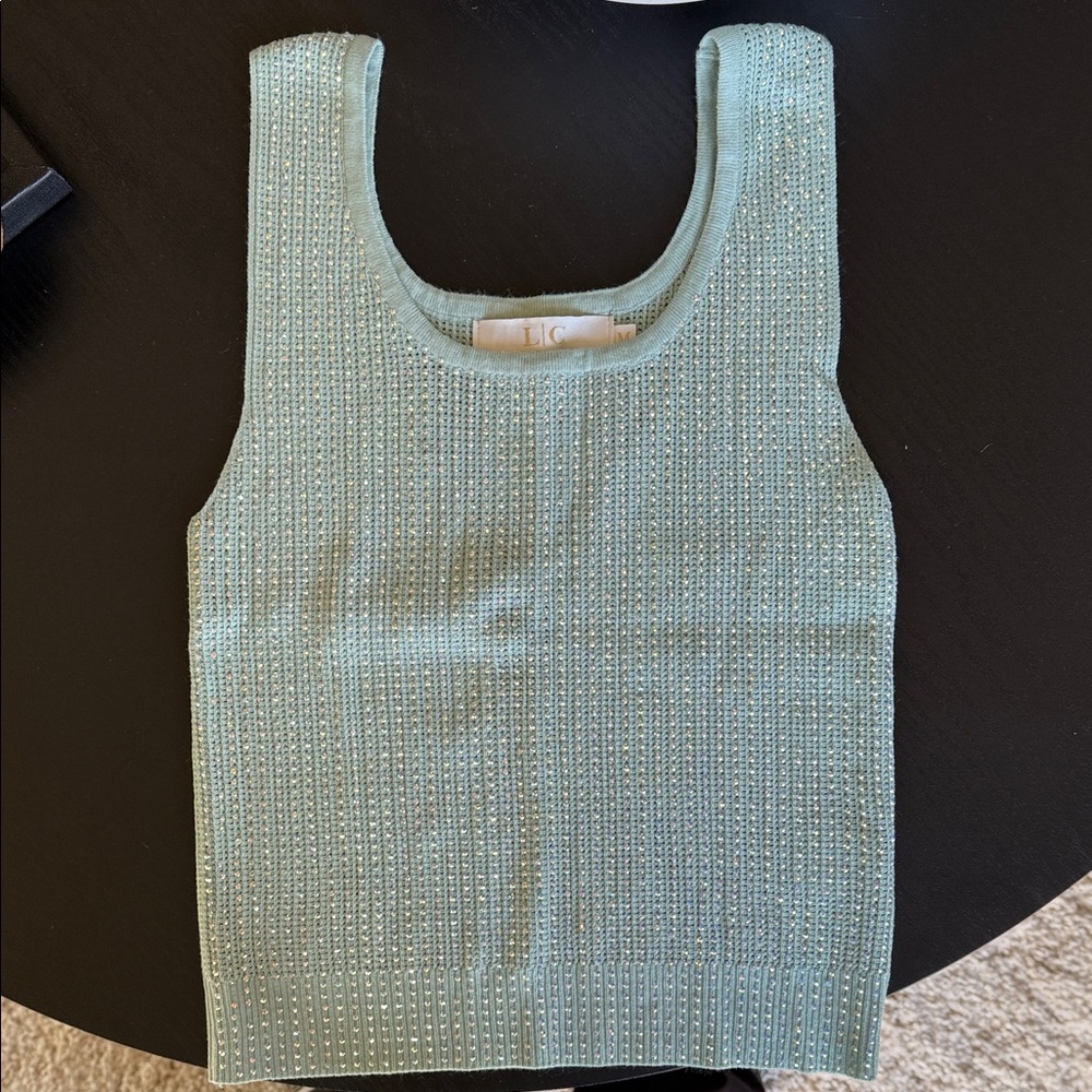 Chic Mint Green Sleeveless Knit Top with Rhinestones